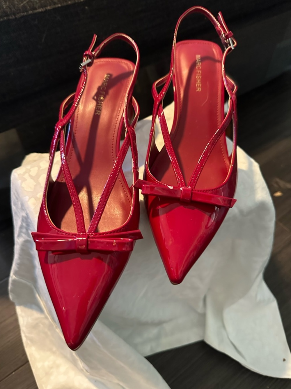Marc Fisher Red Patent Pointed Toe Bow Slingbacks